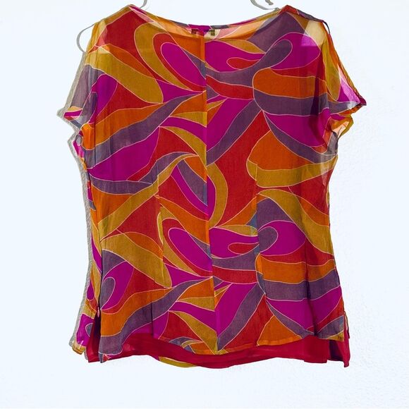 VTG Y2K Retro 100% Silk Abstract Print Top Flutter Sleeves Wavy Hem Size… - Picture 9 of 11